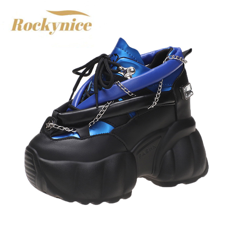 2023 Bling Chain Chunky Sneakers New Designer High Top Platform Casual Shoes Females Spring 10CM Wedge Heels Sport Leather Shoes