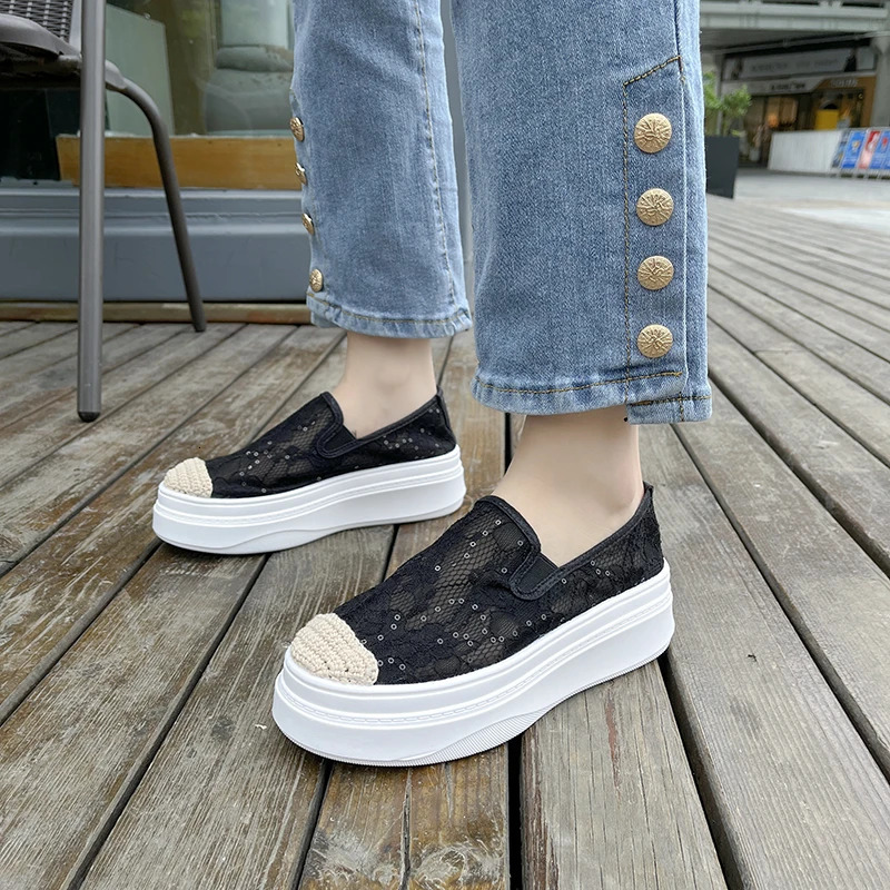 7cm Lace Air Mesh Womens Summer Shoes Slippery on Fashion Sports Shoes Platform Wedge High Heels 240611