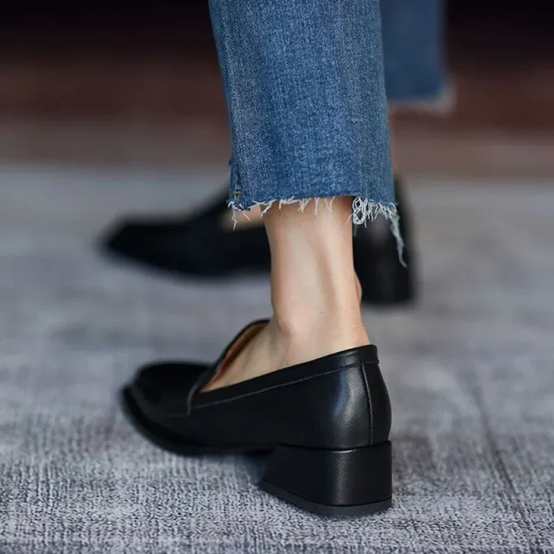 for Shoes Woman Low Heel Elegant Women's Summer Footwear Black New Loafers Normal Leather Casual Square Toe with Discount Chic2024 5004