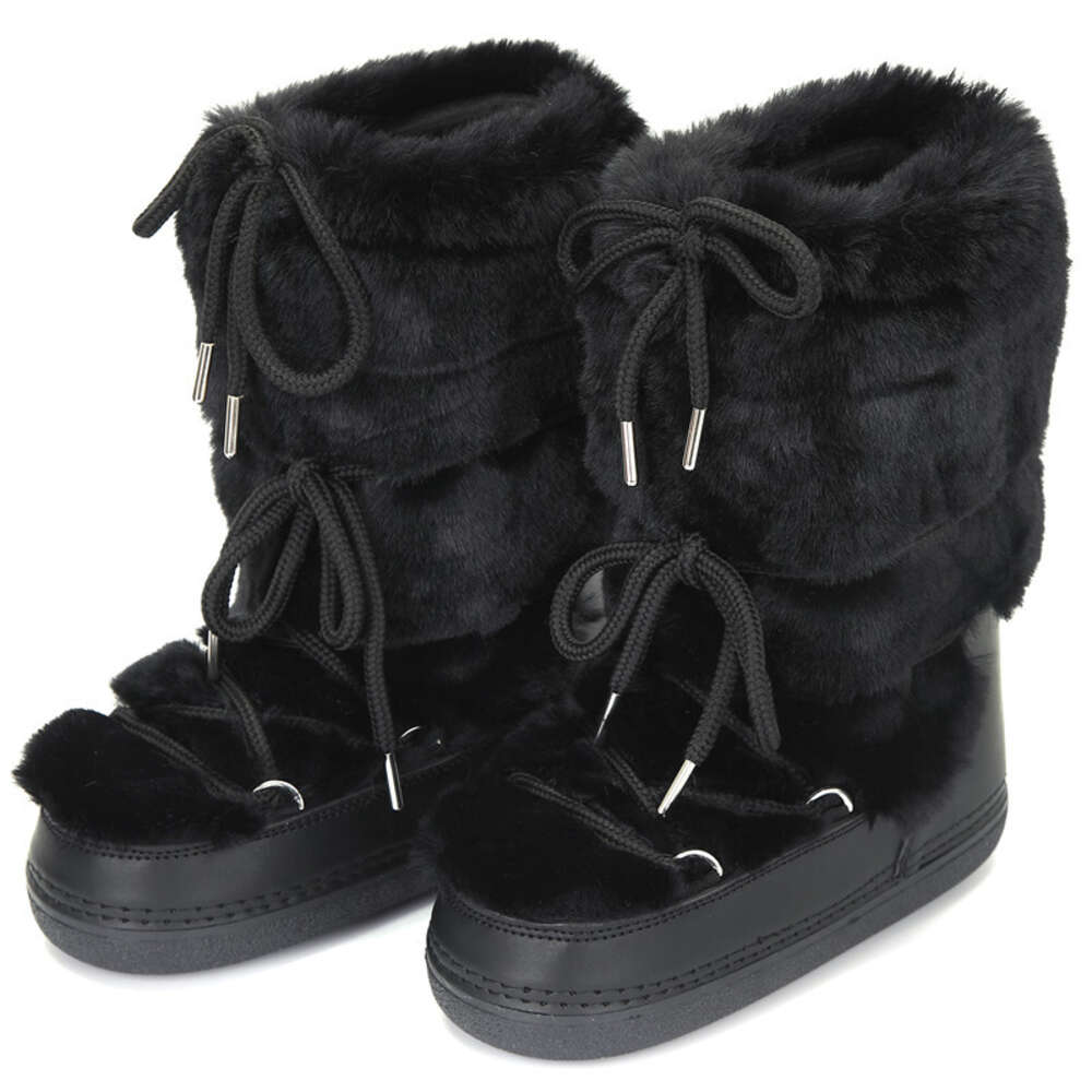 2023 Winter Snow Mid-Calf Lace-Up Rabbit Women Ski Female Brand Design Platform Waterproof Leather Fur Boots