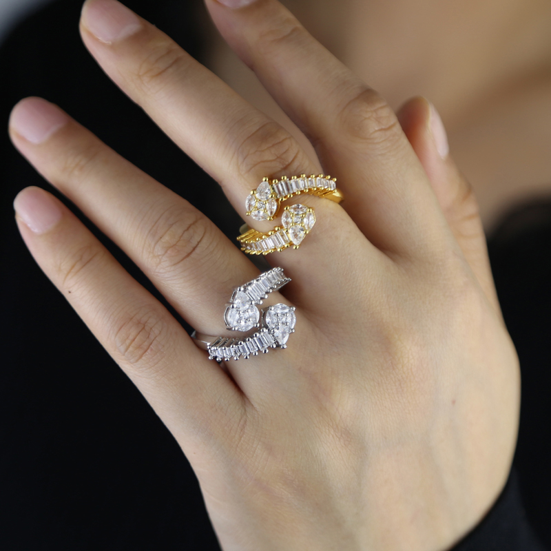 Geometric Round Water Drop CZ Adjustable Ring Sparking Bling 5A Cubic Zirconia Gold Color Women Finger Jewelry Fashion