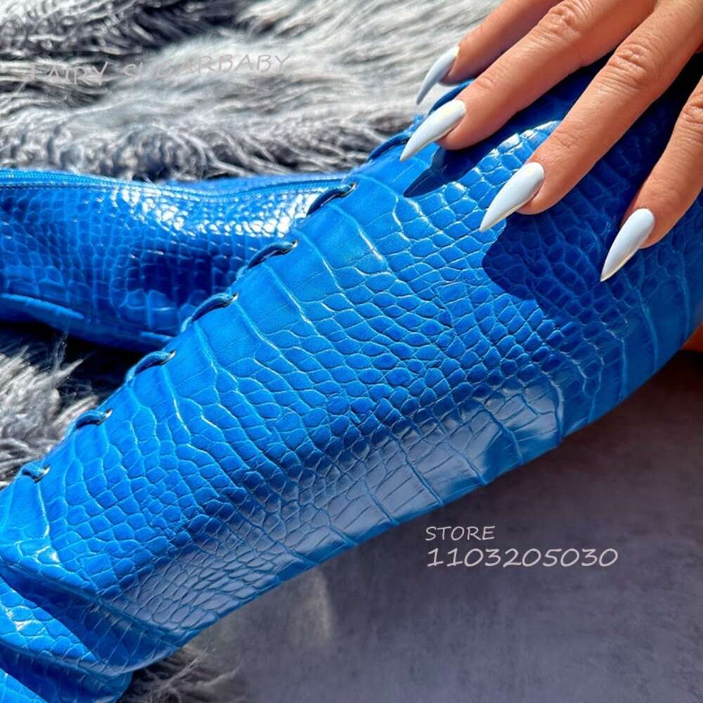 Sky Dark Blue Stone Pattern Lace-Up Boots Women Open Stiletto Sexy Summer 20Cm Platform Pole Dance Zipper Shoe Custom Large Size