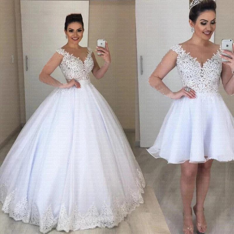 Removable Skirt 2 In 1 A-Line Wedding Dresses Straps Sleeveless Short Bridal Gown Lace Appliques Floor Length Vestido De Novia
