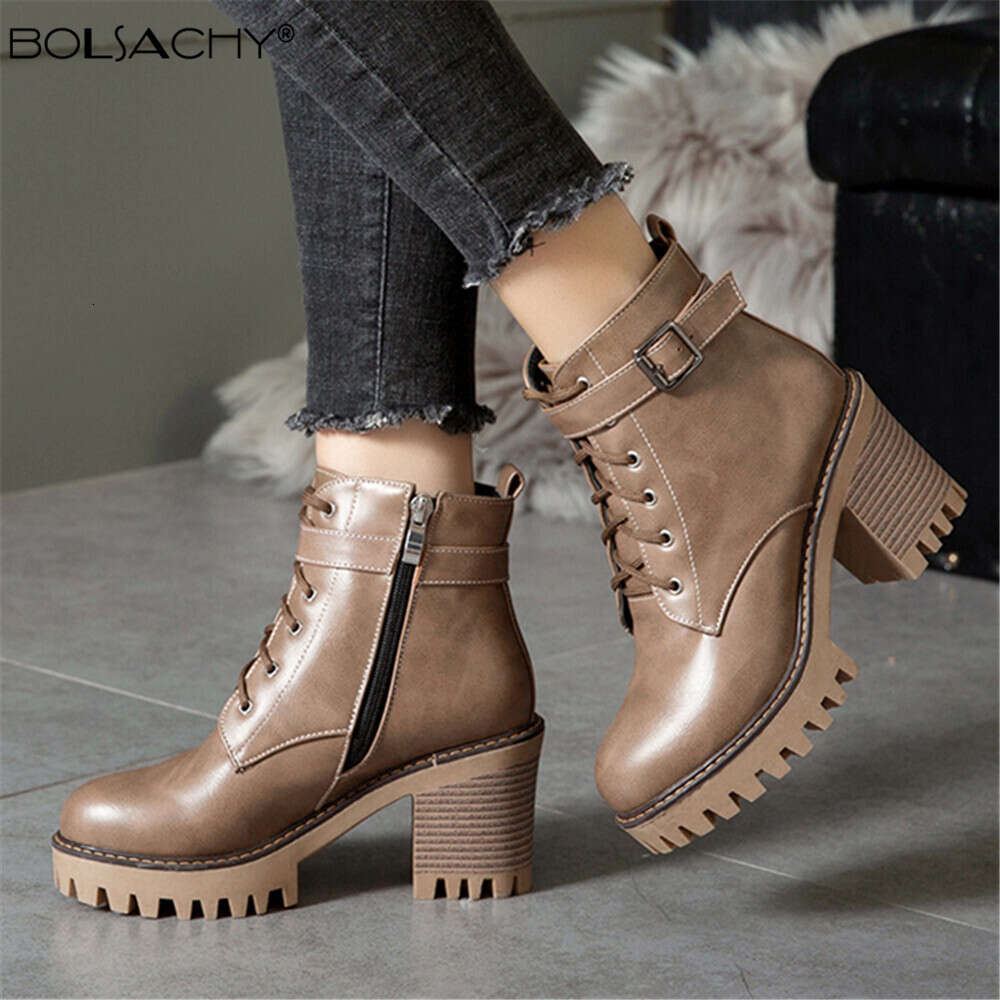 Boats Women 2024 New Winter Female High Heel Lace Up Ankle Boots Buckle Platform Artificial Leather Ladies Shoes Zapatos Mujer