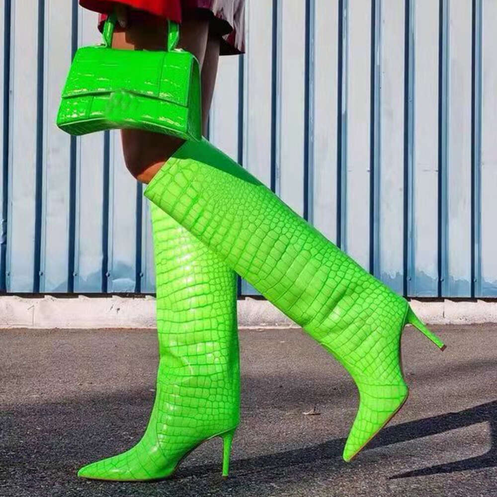 Plus Size 43 Women Sexy Crocodile Pattern Knee High Boots 2022 New Autumn Winter High-Heel Pointed Toe Women's Shoes Green Black