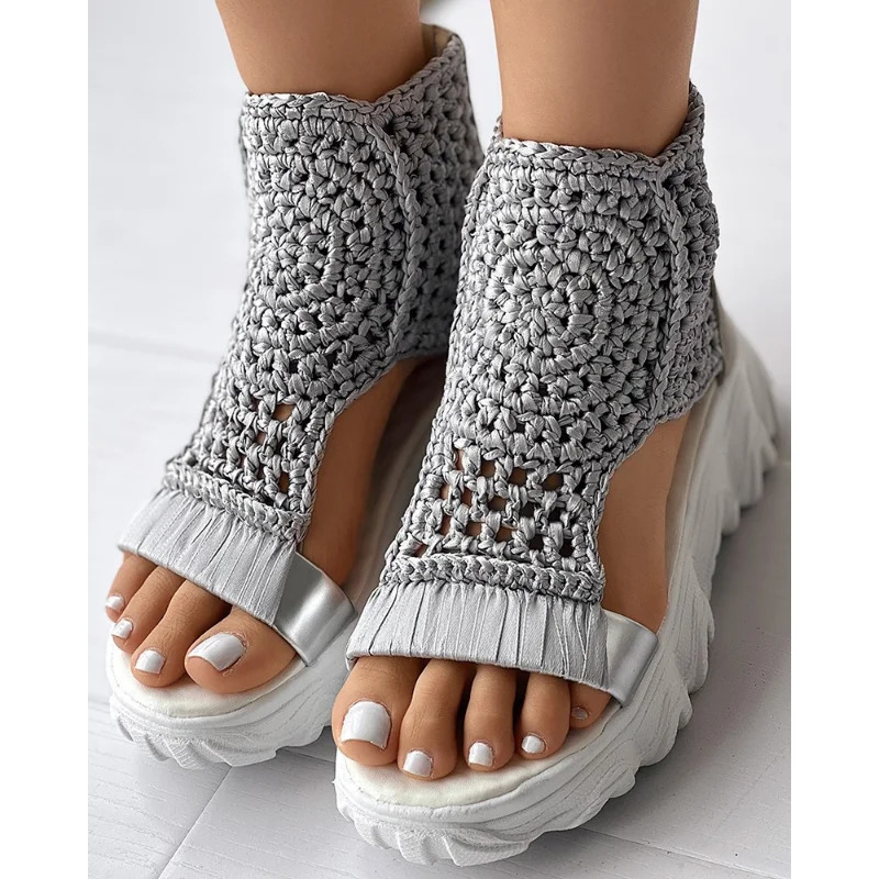 Sandals Women Braided Geometric Wedge Knitted Elastic Summer Shoes Mesh Flat Hollow Female Platform 240611