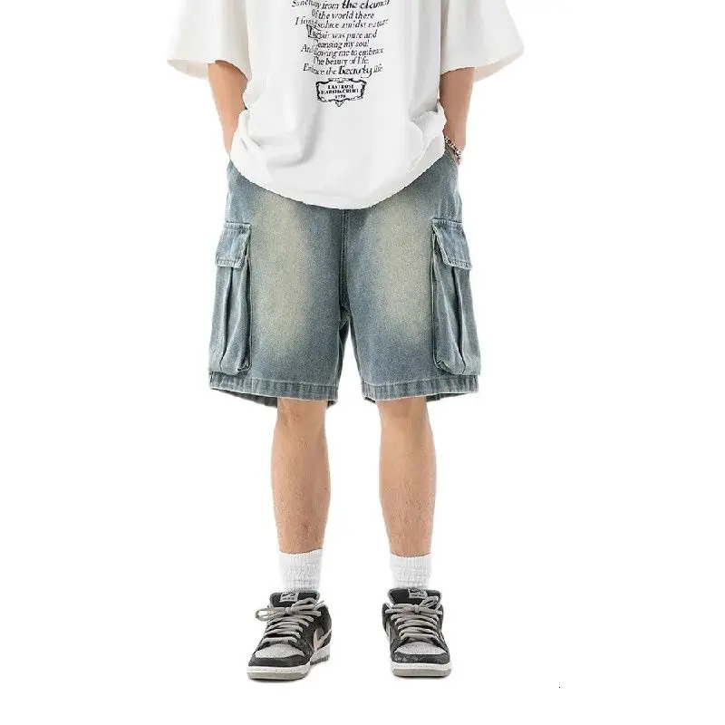2024 Summer Mens Cargo Jean Shorts Korean Street fashion large pocket Denim Knee Length Wide Leg Y2K Clothing 240601