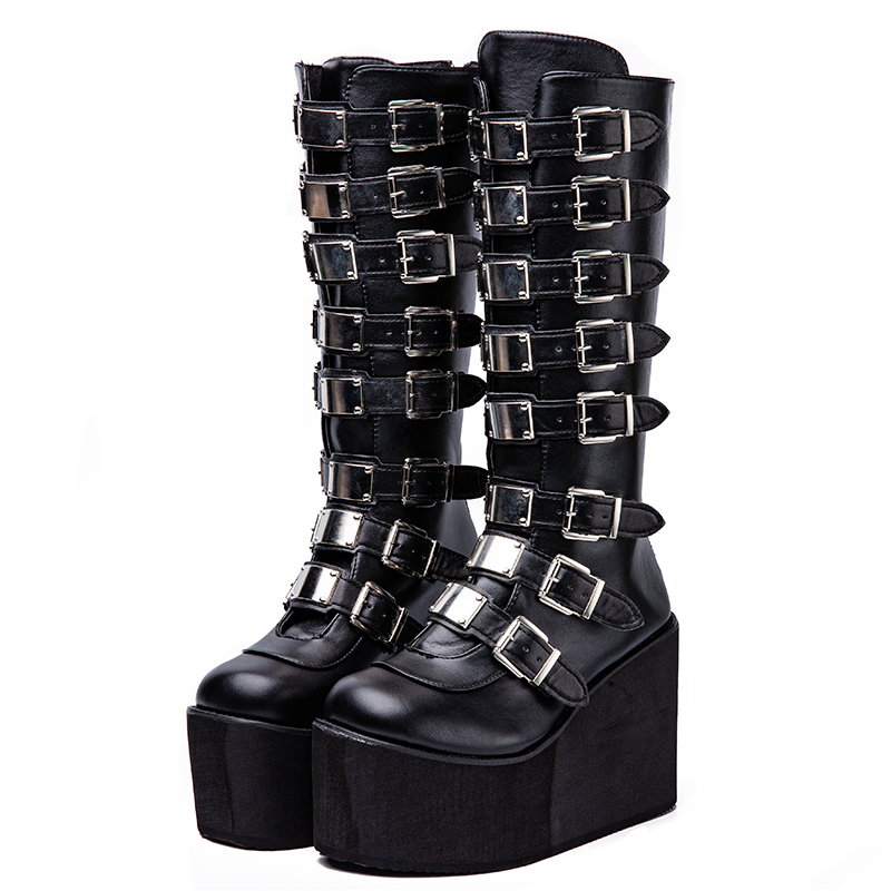 Black Women's Long Thigh Fall Metal Buckle Punk Gothic 11cm Platform Boot Woman Wedges High Boots Botas Mujer e719 s