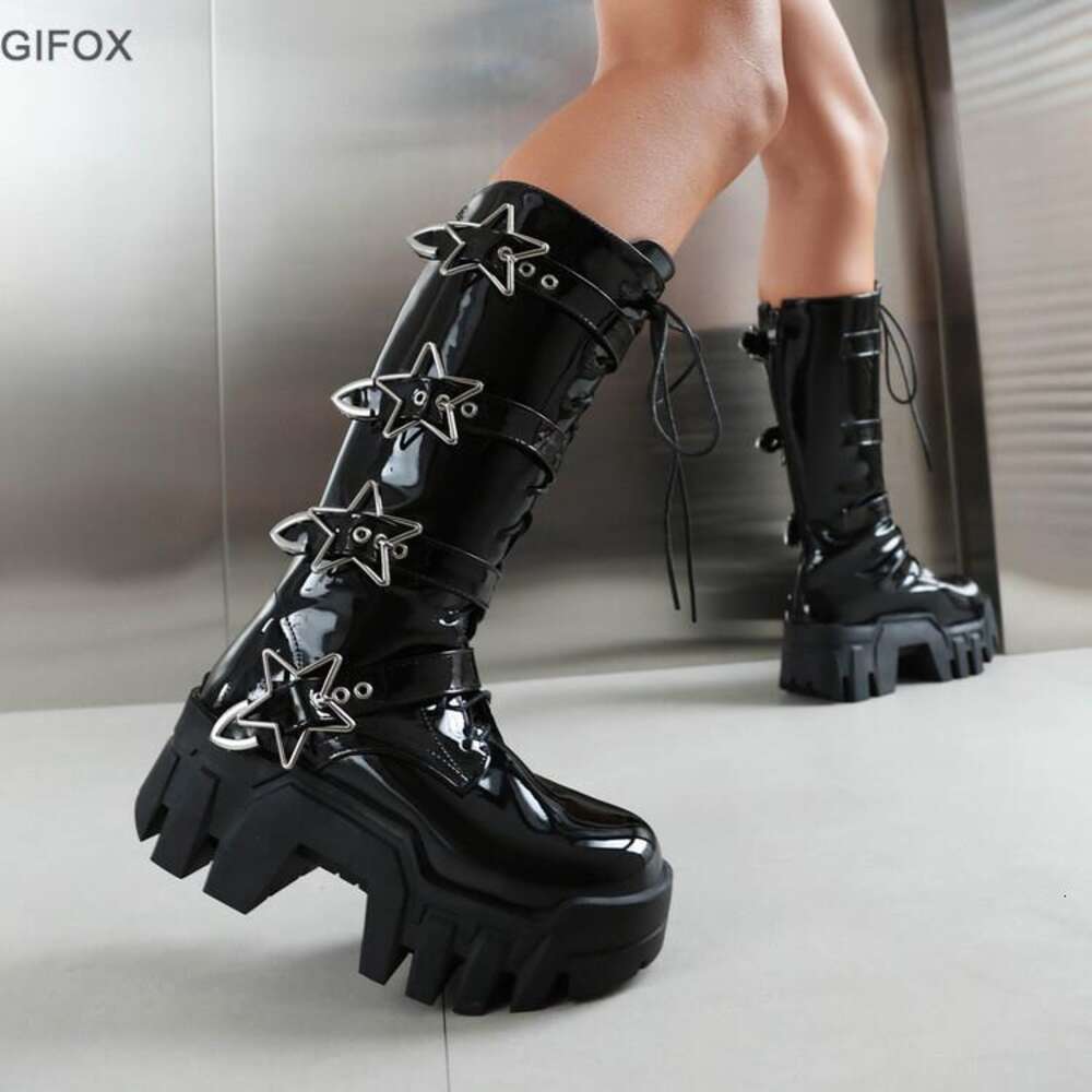 GIGIFOX Platform Wedges Knee High For Women Chunky Heel Fashion Punk Motorcyle Boots Goth Gothic New Rock Shoes Winter