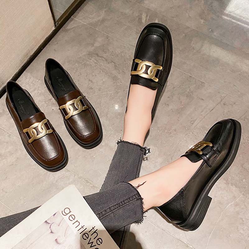 2023 Brand Metal Chain Oxfords Women Small Leather Shoes Square Toe Thick Heels Loafers Femmes Moccasins Ladies Flats Sneakers
