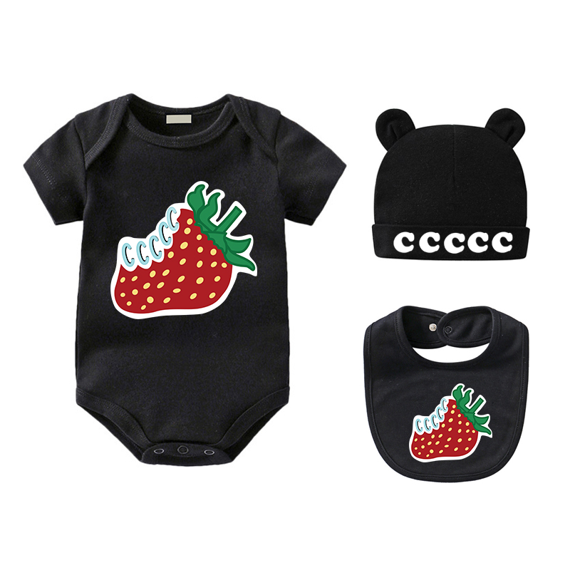 Summer Designer Baby Kids Clothing Boys Girls New Born Bodysuit Strawberry Print Brand Jumpsuits Rompers Luxury Outfit Bib Hat 3pc