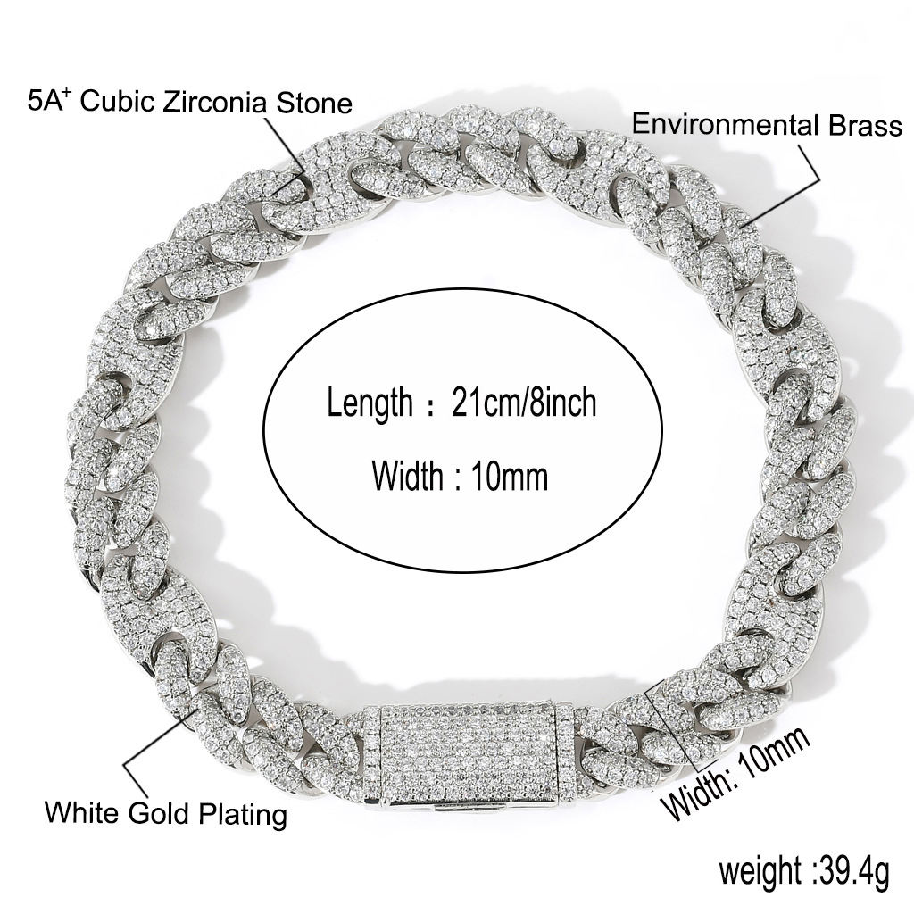 Mossan Diamond Miami 10mm Wide Pig Nose Trend Bracelet Micro-inset Zircon Cuban Chain Male and female rapper Hip Hop bracelet