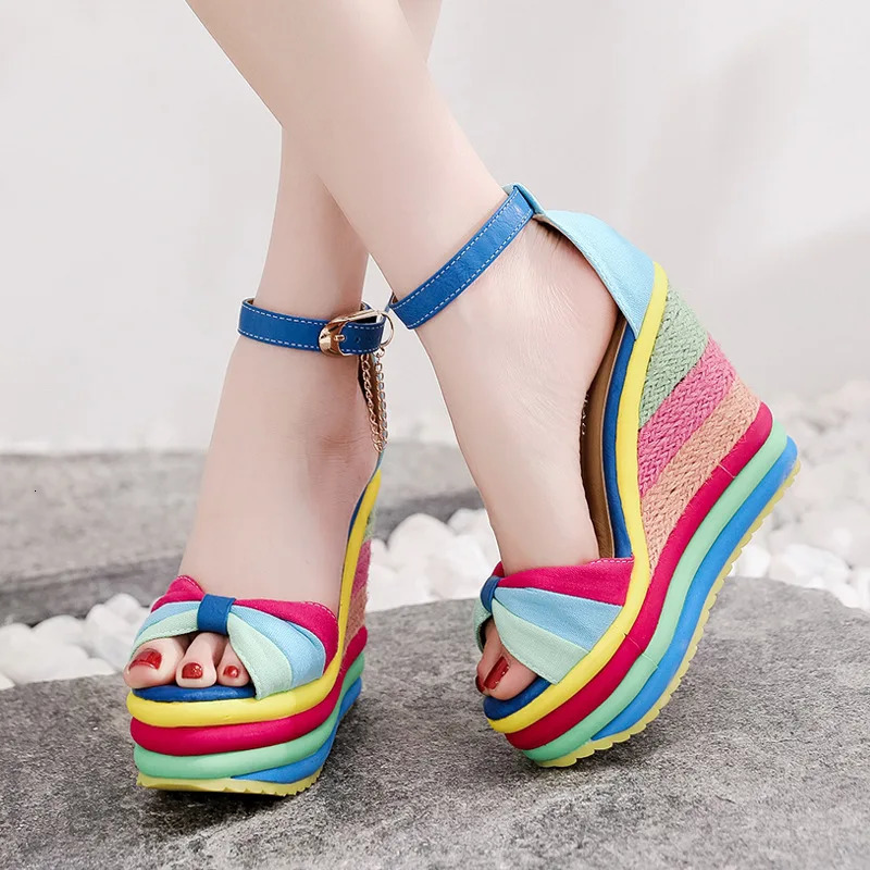 Women Sandals Female Wedges PU Round Shape Color Matching Slope Heel Increase Thick Bottom Non Slip Shoes 240611