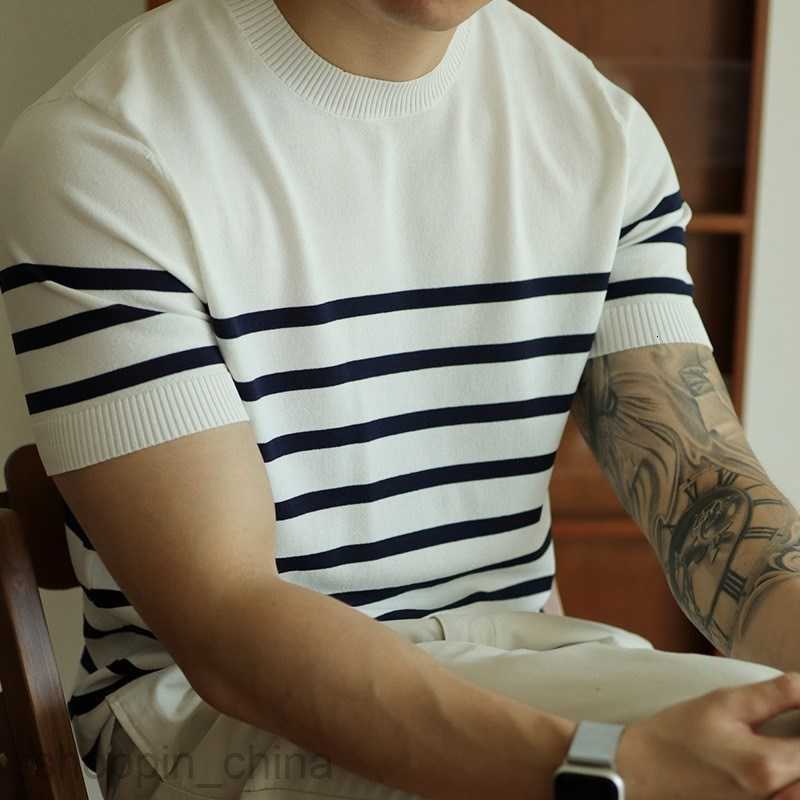 Men's T Shirts mature style round neck striped knitted short sleeved T-shirt for man casual business spring/summer top half sleeved T-shirt tees 