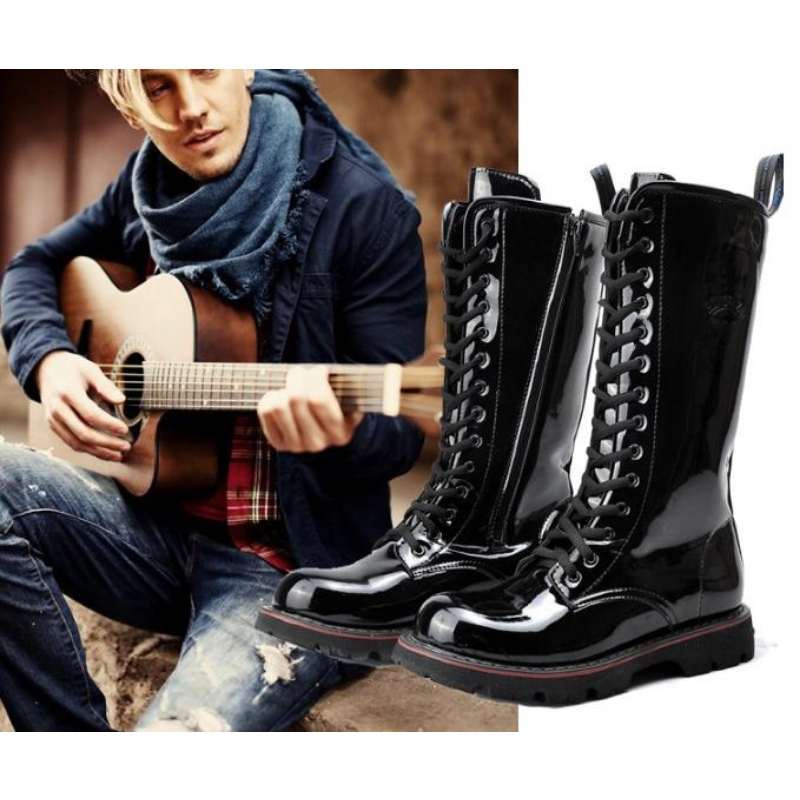Mens Training Over Knee High Boots light Leather Long Waterproof Snowboots Equestrian Motocycle Patent leather punk cowboy boots