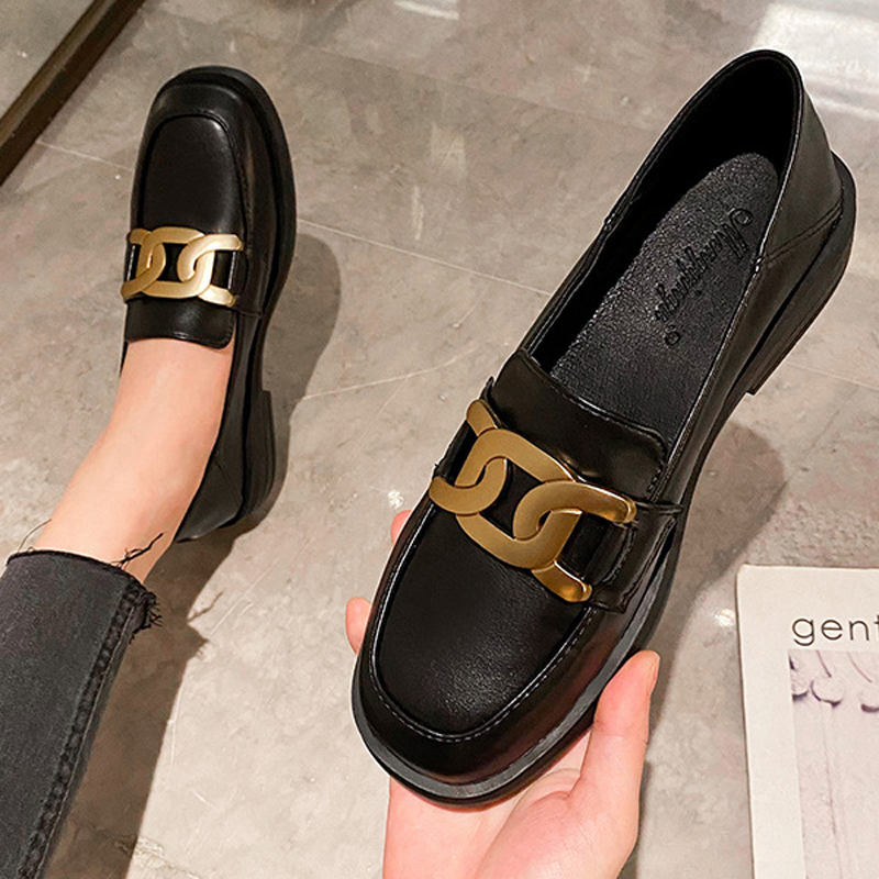 2023 Brand Metal Chain Oxfords Women Small Leather Shoes Square Toe Thick Heels Loafers Femmes Moccasins Ladies Flats Sneakers