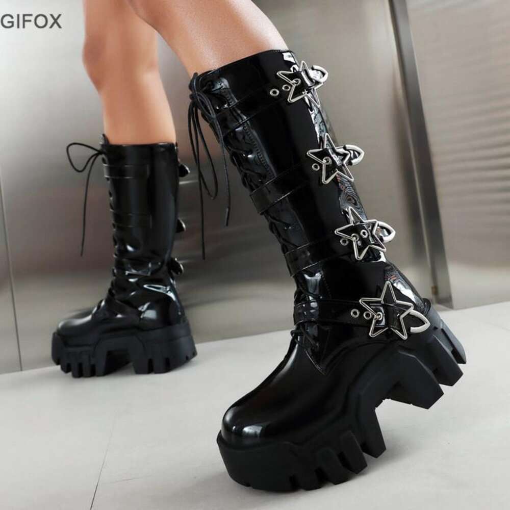 GIGIFOX Platform Wedges Knee High For Women Chunky Heel Fashion Punk Motorcyle Boots Goth Gothic New Rock Shoes Winter