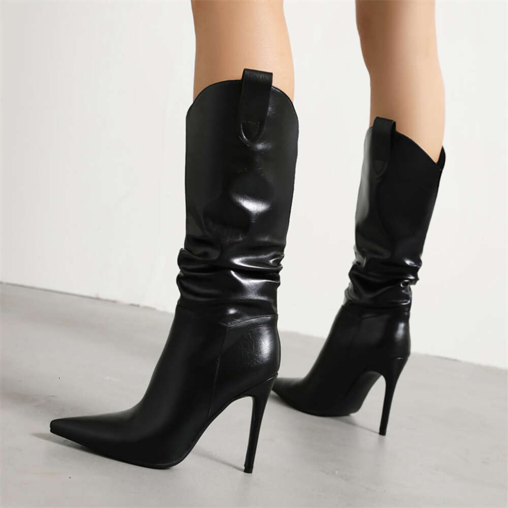 Knee High Women Sexy Point White Red Heels Western Cowboy Boots Female 2023 New Trends Dance Party Shoes Large Size