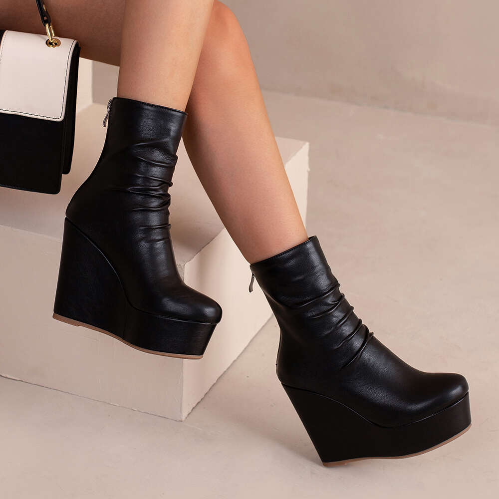 Wedges Ankle Women Winter Autumn Fashion Faxu Leather Platform Women's Short Boots Sexy High Heels Black Shoes Femal