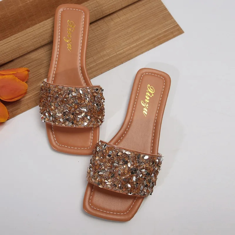 2024 Summer Womens Flat Shoes Shiny Outdoor Open Toe Walking Comfortable Fashion Casual Womens Slippers Plus Size 43 240611