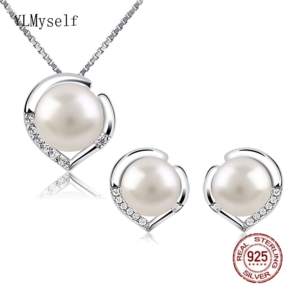 Pure 925 Sterling Silver Necklace+Earrings Set With 7mm Natural Freshwater Pearl Elegant Eternal Jewelry for Wedding