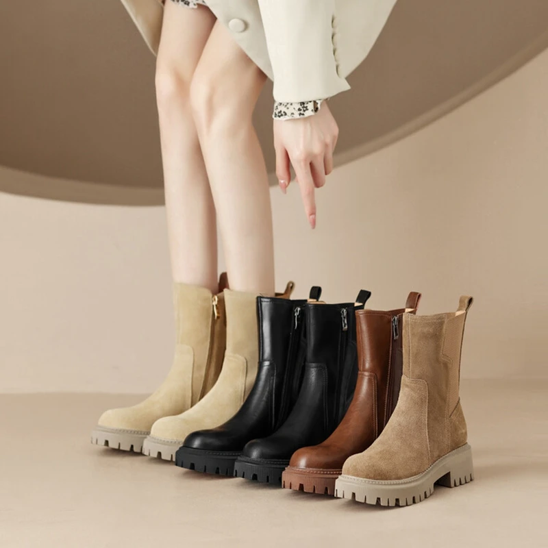 Autumn NEW Round Toe Thick Heel Short Cow Suede Boots Winter Platform Shoes for Women 1b11