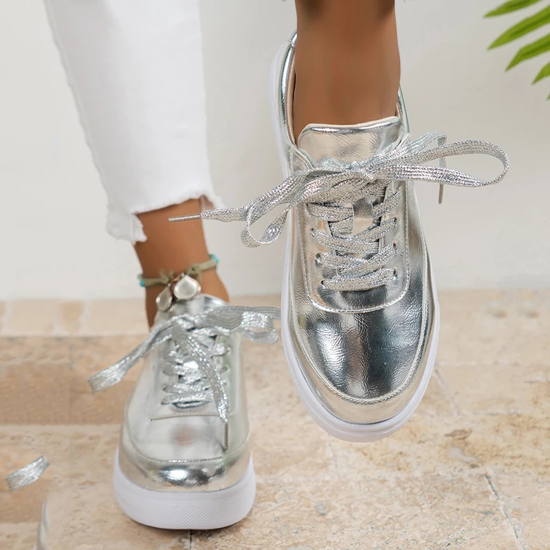 Gold and silver PU leather sports shoes for womens anti slip lace up platform casual shoes for womens autumn flat shoes Zapatos no print good size 43 