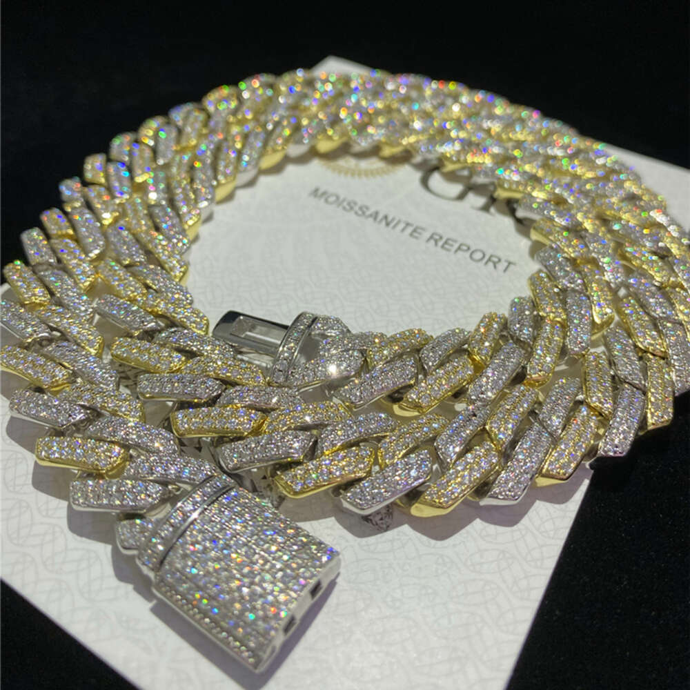 Sterling Silver Hip Hop Jewelry Moissanite Chain Cuban Bracelet 14mm Two Tone Iced Out Diamond Gold Plated Cuban Link Chain
