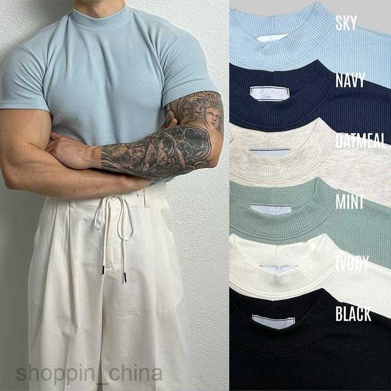 Men's T Shirts 300 kg oversized men's summer new design solid color half high neck thread elastic slimming short sleeved T-shirt for men tee