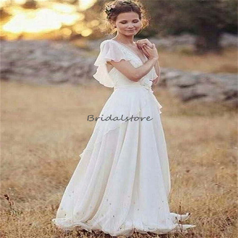 Celtic Cap Sleeves Boho Wedding Dresses 2024 Fairy 3D Florals Bohemian Bride Dress Hippies Chiffon Civil Backless Farm Bridal Dress Vestios De Novias 
