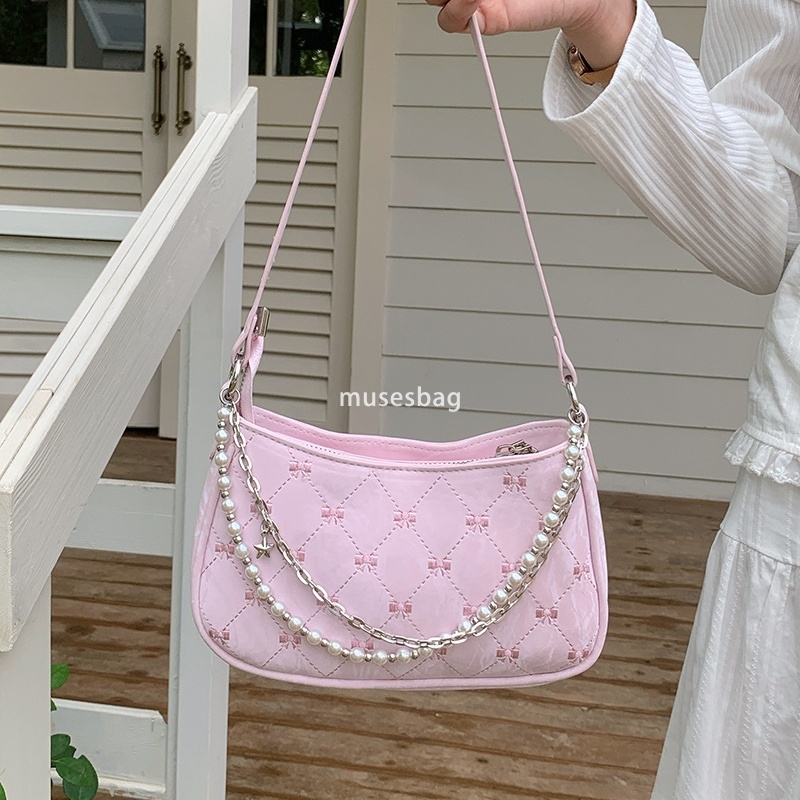 High quality premium pink butterfly club bag for women's new pearl metal chain diamond grid underarm bag casual one shoulder crossbody bag