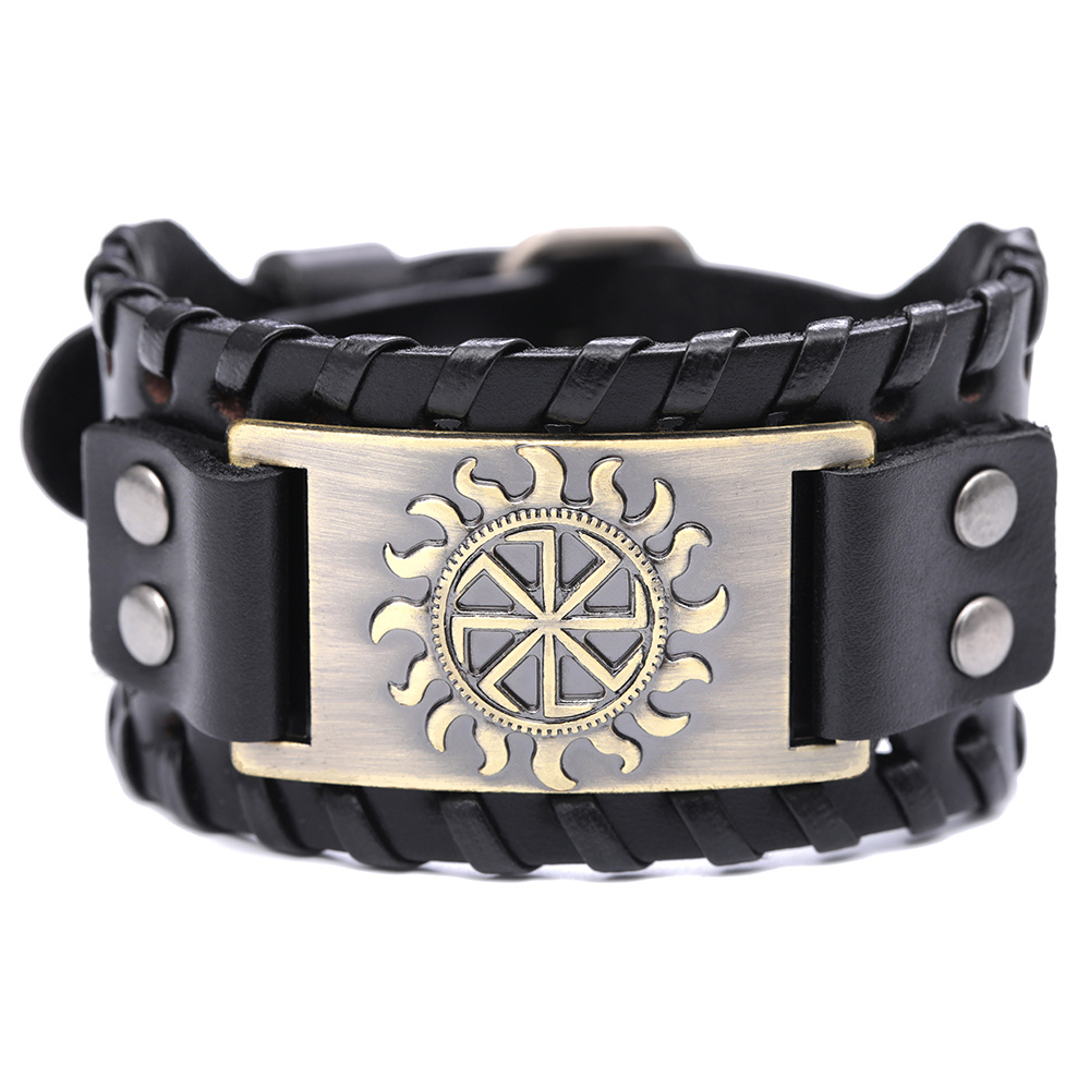 My Shape Viking Vintage Genuine Leather Bracelets for Men Slavic Symbol of Sun Bangles Amulet Talisman Religious Jewelry Gifts