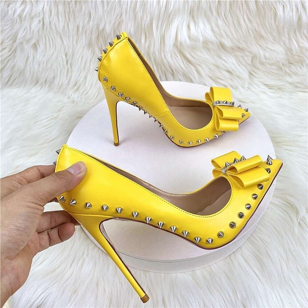 Pointed Yellow Bow Rivet High Heels, Sexy Shoes With Pointed Rivets, Suitable For Parties And Clubs, Extra Large