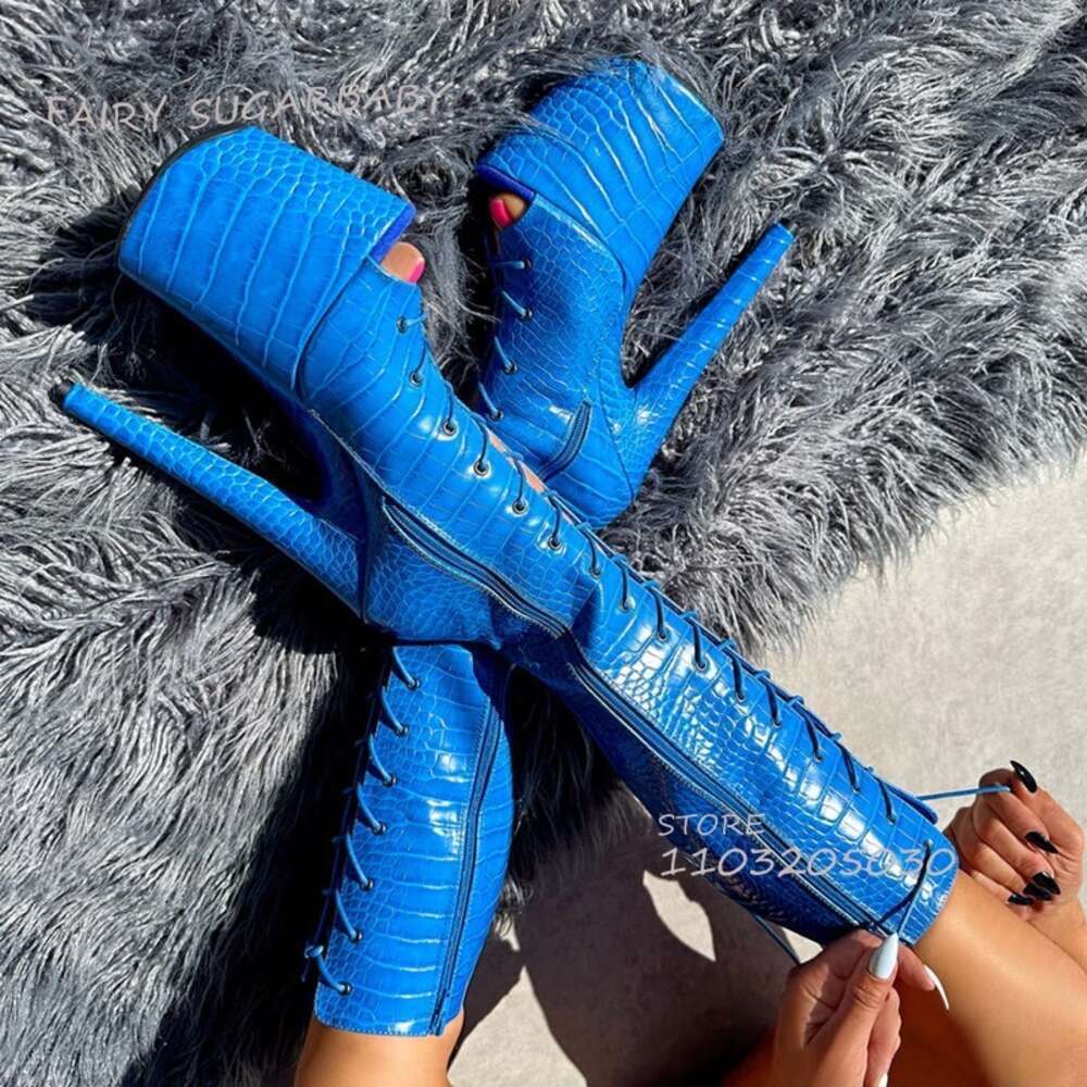 Sky Dark Blue Stone Pattern Lace-Up Boots Women Open Stiletto Sexy Summer 20Cm Platform Pole Dance Zipper Shoe Custom Large Size