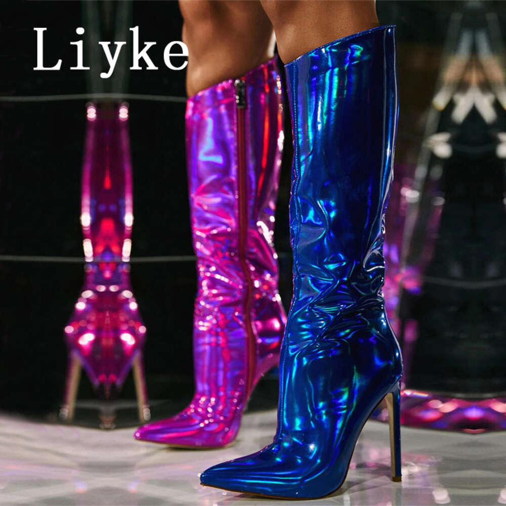 Liyke Sexy Party Nightclub Stripper Knee High Boots Female Green Smooth Patent Leather Pointed Toe Heels Women Shoes Zip Booties