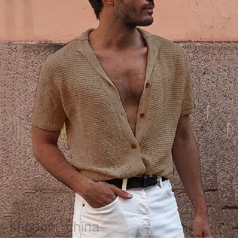 Men's T Shirts Fashionable men casual short sleeved top knitted single breasted gentleman cardigan male lapel sweater tees tops
