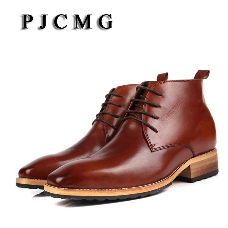 PJCMG New Men's High Genuine Leather Elevator 8 CM Brogue Wedding Office Ankle Boots Lace-Up Male Boots Footwear Botas Hombre
