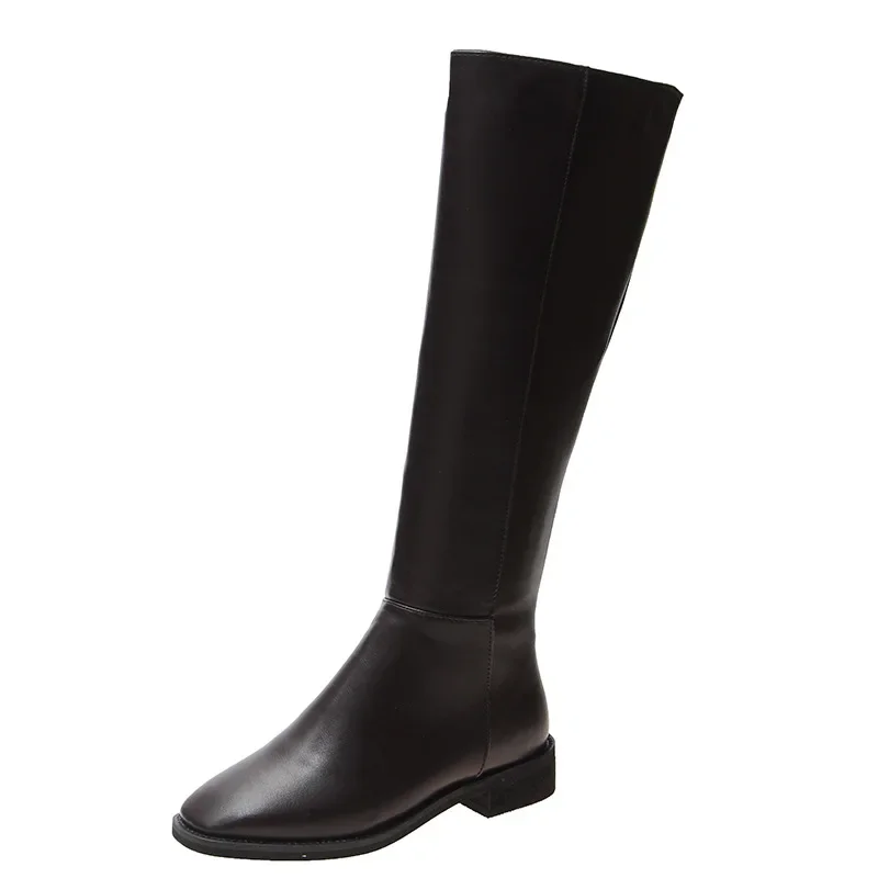 Winter New shopping good Leather Women Knee High Boots Motorcycle Square Toe Zip Footwear Low Heels Female Riding Boot Woman Long Boots99