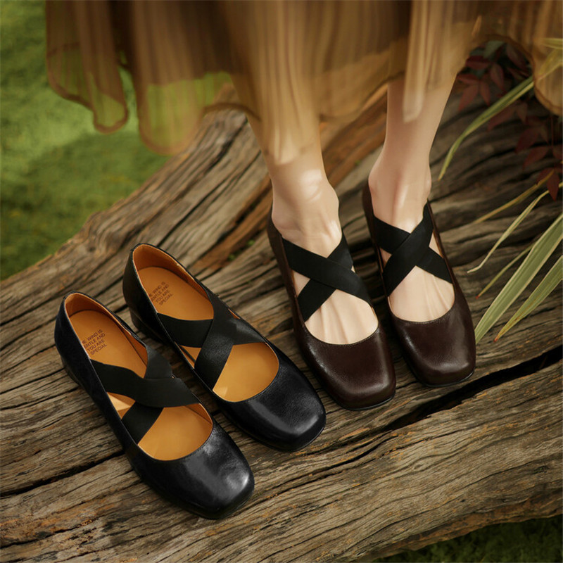 New 2024 Spring Sheepskin Round Toe Low Heel Pumps Mary Jane for Women Shallow Ballet Leather Shoes 87d9