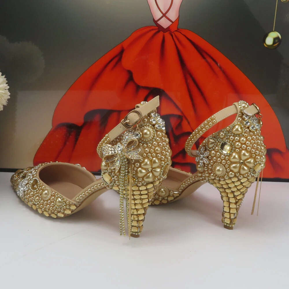 New Pointed Toe Bridal Wedding Shoes Bag Champagne Gold Crystal Party Shoes Ankle Strap Thin High Bowknot Pumps And Handbag