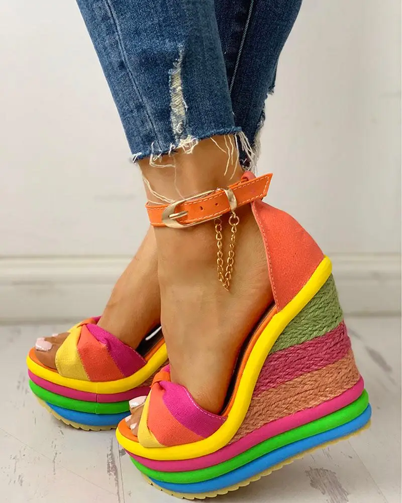 Sandals Women Women's Muffin Wedges High Multicolor Patchwork Sandals Colorful Roman Shoes Sandals High Heels Espadrilles