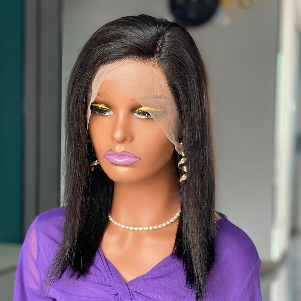 Double Drawn Bob Frontal Human 200 Density 13X4 Top Swiss Lace Natural Black Smooth Straight Wig Women Short Hair Wigs