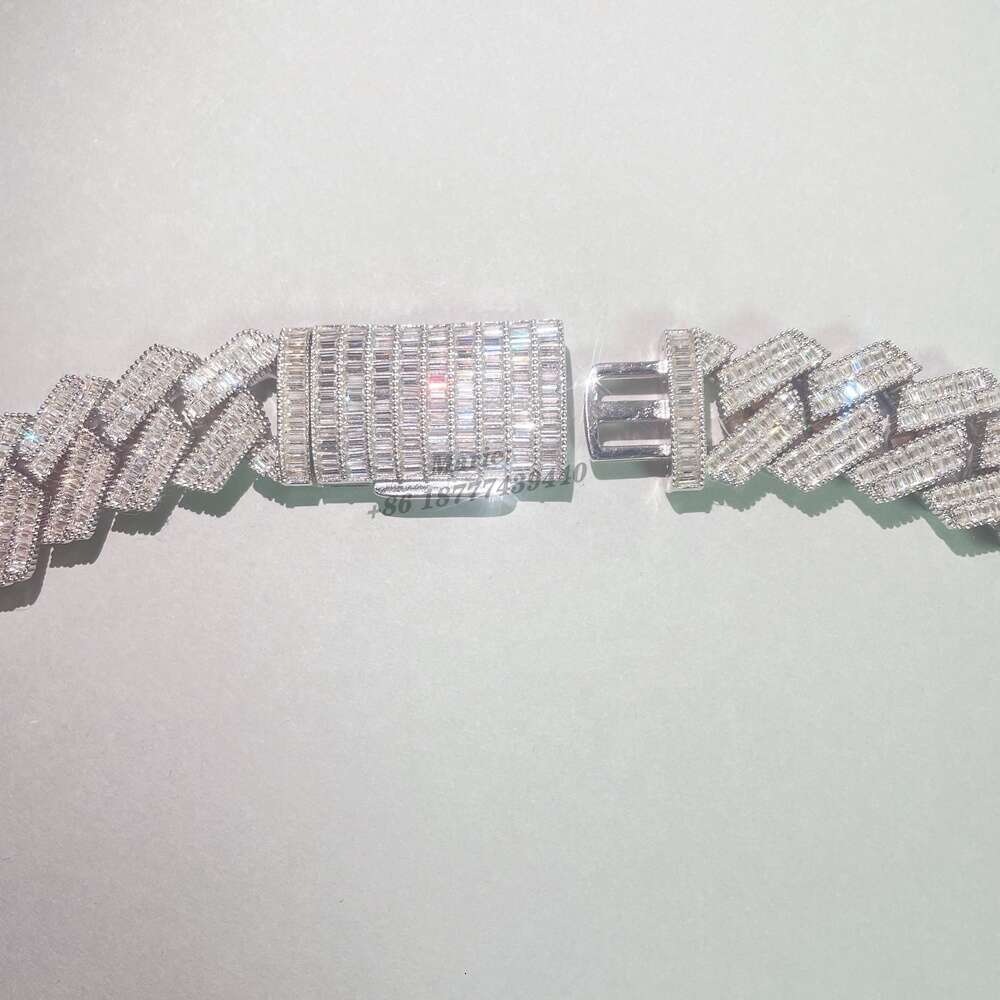 Luxury Double Row Baguette Diamond 20mm Moissanite Cuban Link Chain Mens Lab Diamond Cuban Chain 925 Gold