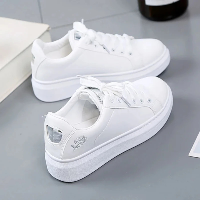 Breathable Lace-Up Women's Casual Sneakers - White Embroidered ral 2024 4