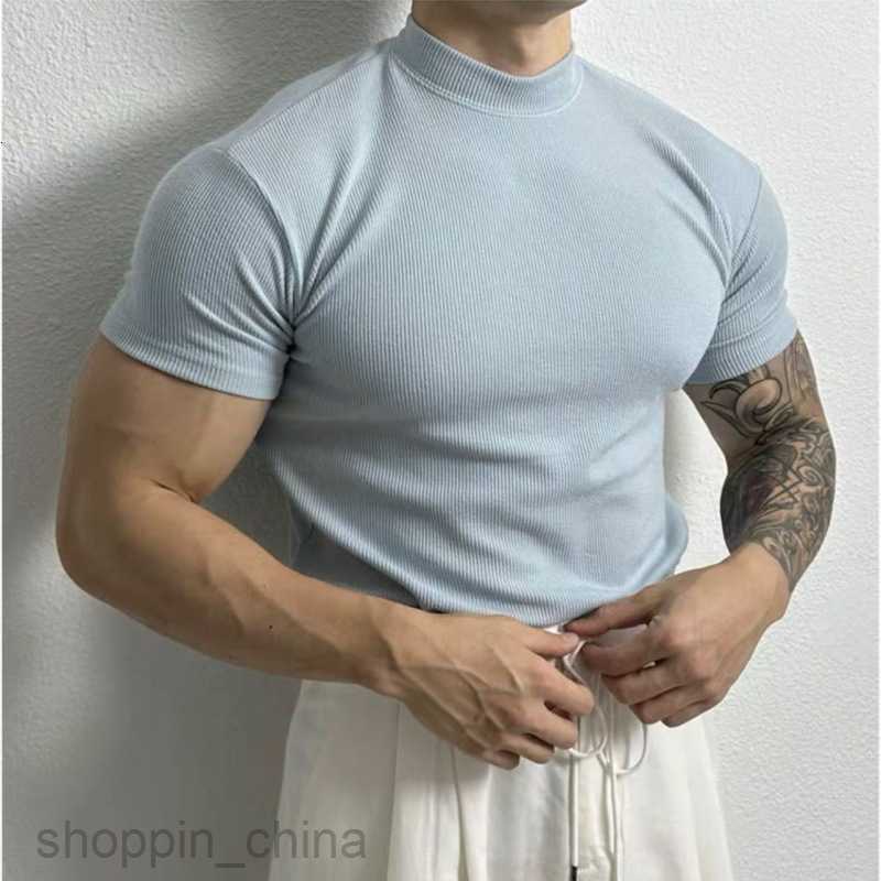 Men's T Shirts 300 kg oversized men's summer new design solid color half high neck thread elastic slimming short sleeved T-shirt for men tee