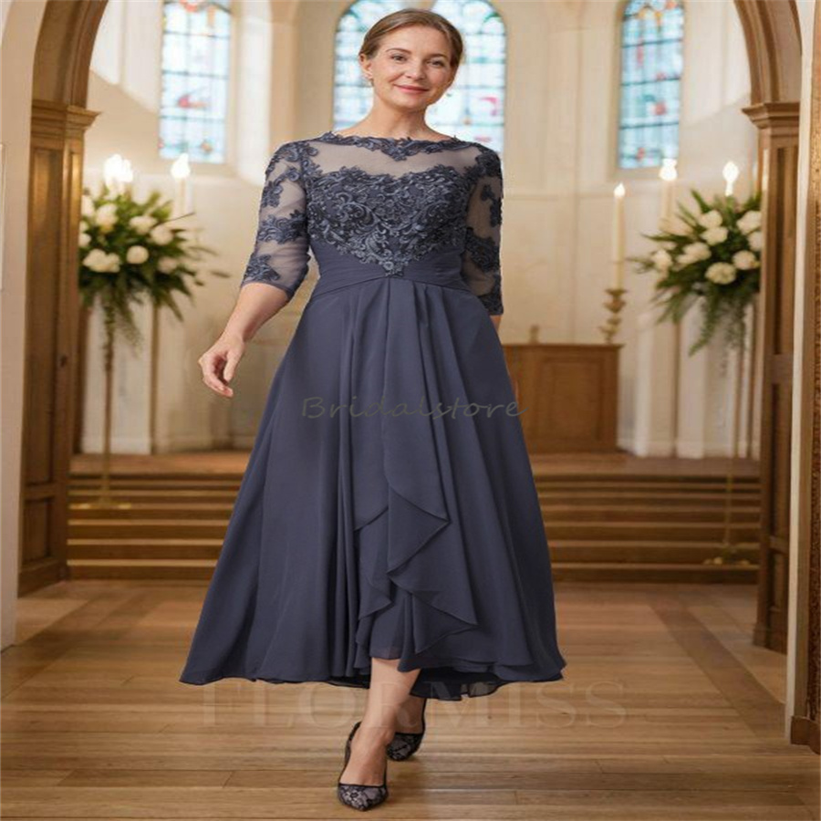 Dark Navy Mother Of The Bride Dress Tea Length Chiffon Midi Evening Dresses 2024 Half Sleeve Lace Wedding Guest Party Gown 2024 Formal Women 50s Birth