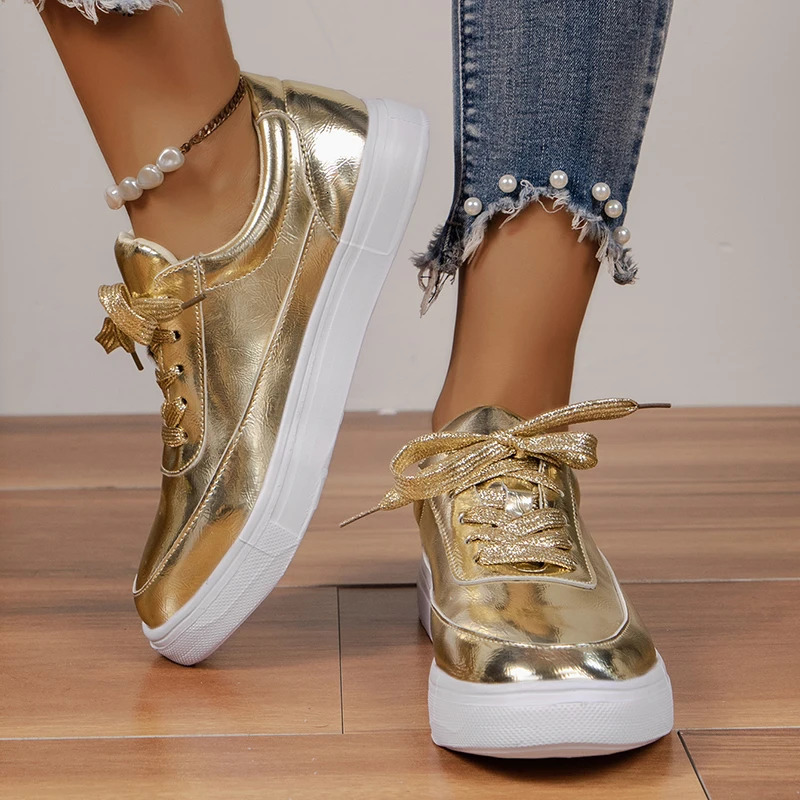 Gold and silver PU leather sports shoes for womens anti slip lace up platform casual shoes for womens autumn flat shoes Zapatos no print good size 43 