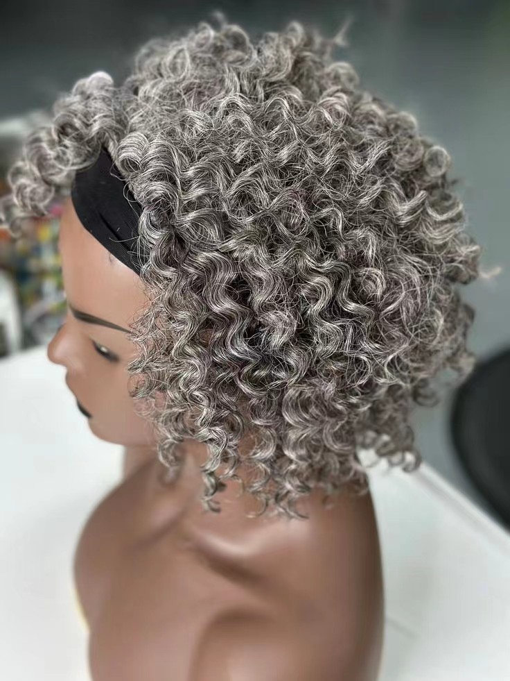Silver grays human hair headband wig tight curl falls on shoulder or below with adjustable velcro straps glueless 14inch