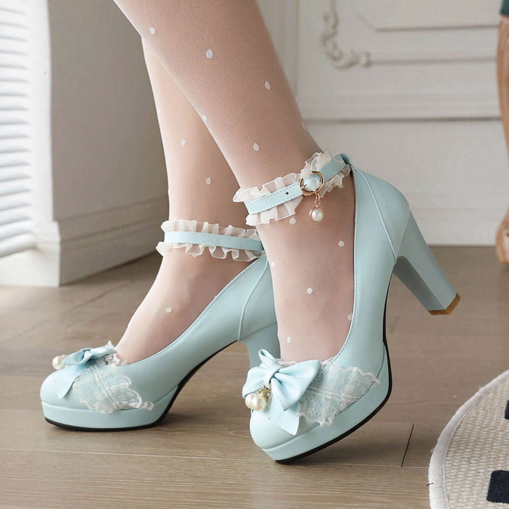 Summer Ladies 2.5 Platform Cute Bow Lace Princess Mary Jane Lolita Shoes Party 10Cm High Heels Buckle Pumps Big Size 43