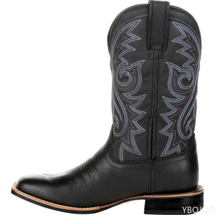 Mid Calf Western Cowboy Motorcycle Male Autumn Outdoor PU Leather Totem Med-Calf Boots Retro Designed Men Shoes